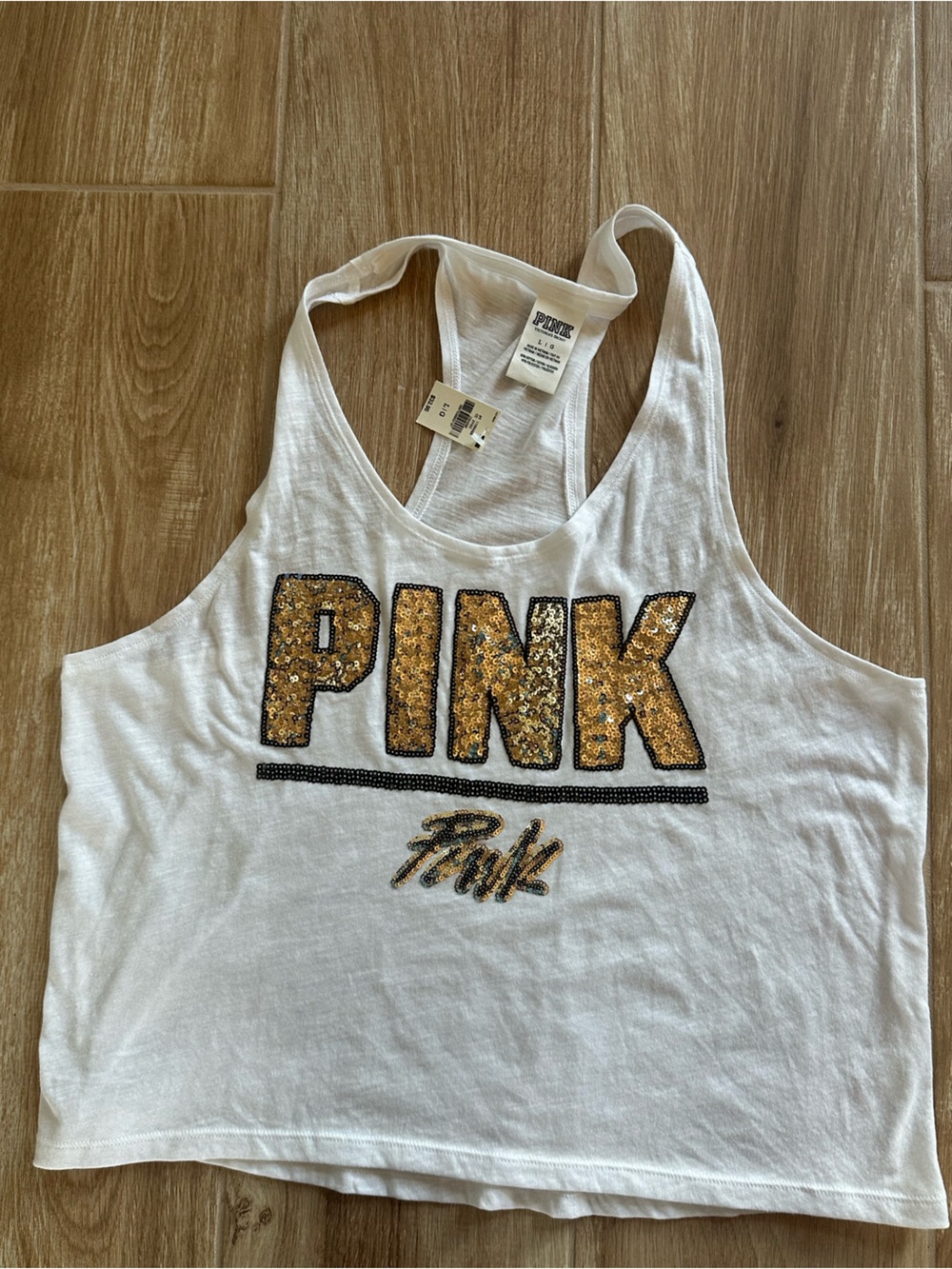 (2) Victoria's Secret PINK  1- tank top green & 2- Gold  sequins Size Large - Picture 3 of 6